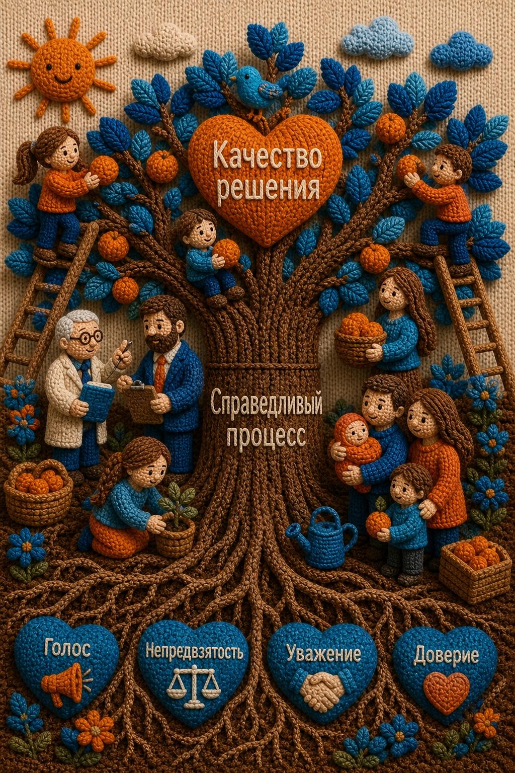 Вязаная иллюстрация: дерево «Справедливый процесс», люди собирают плоды, в кроне сердце с надписью «Качество решения»