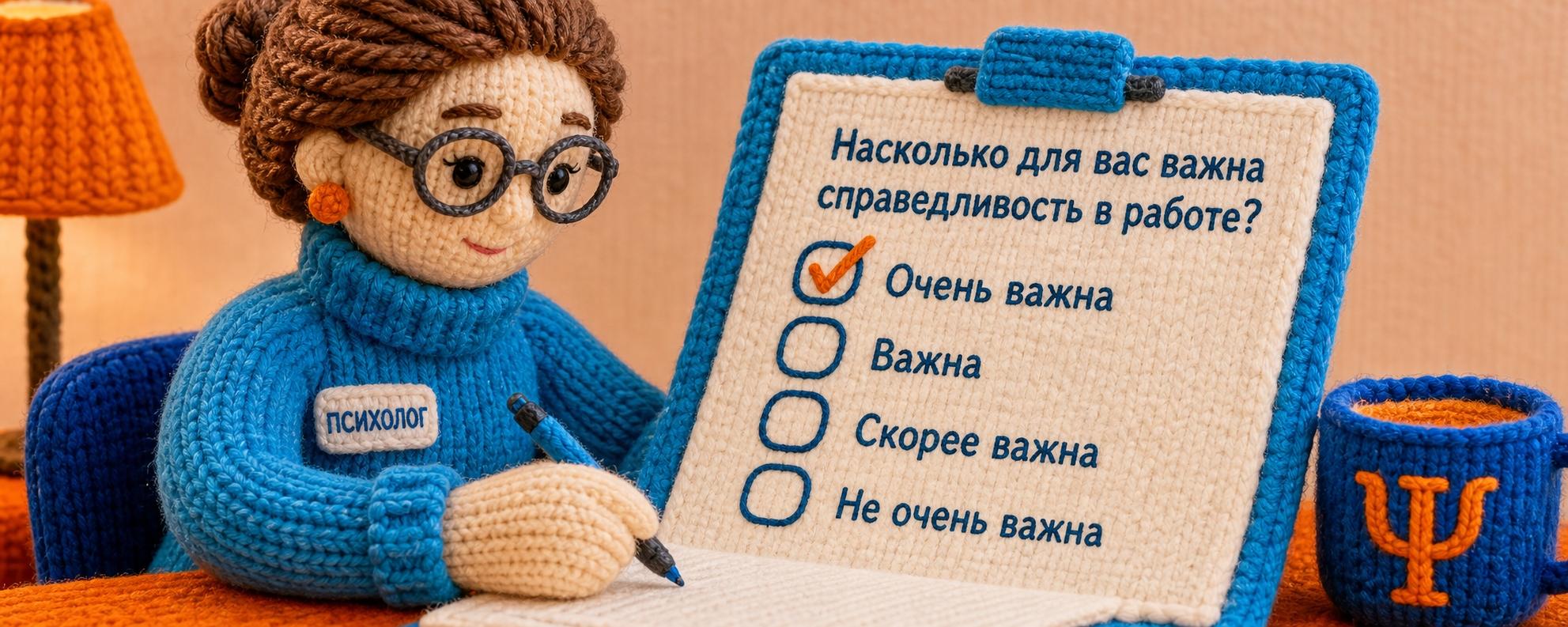 Вязаная фигурка психолога с блокнотом, на котором отмечен ответ «Очень важна» на вопрос о справедливости в работе